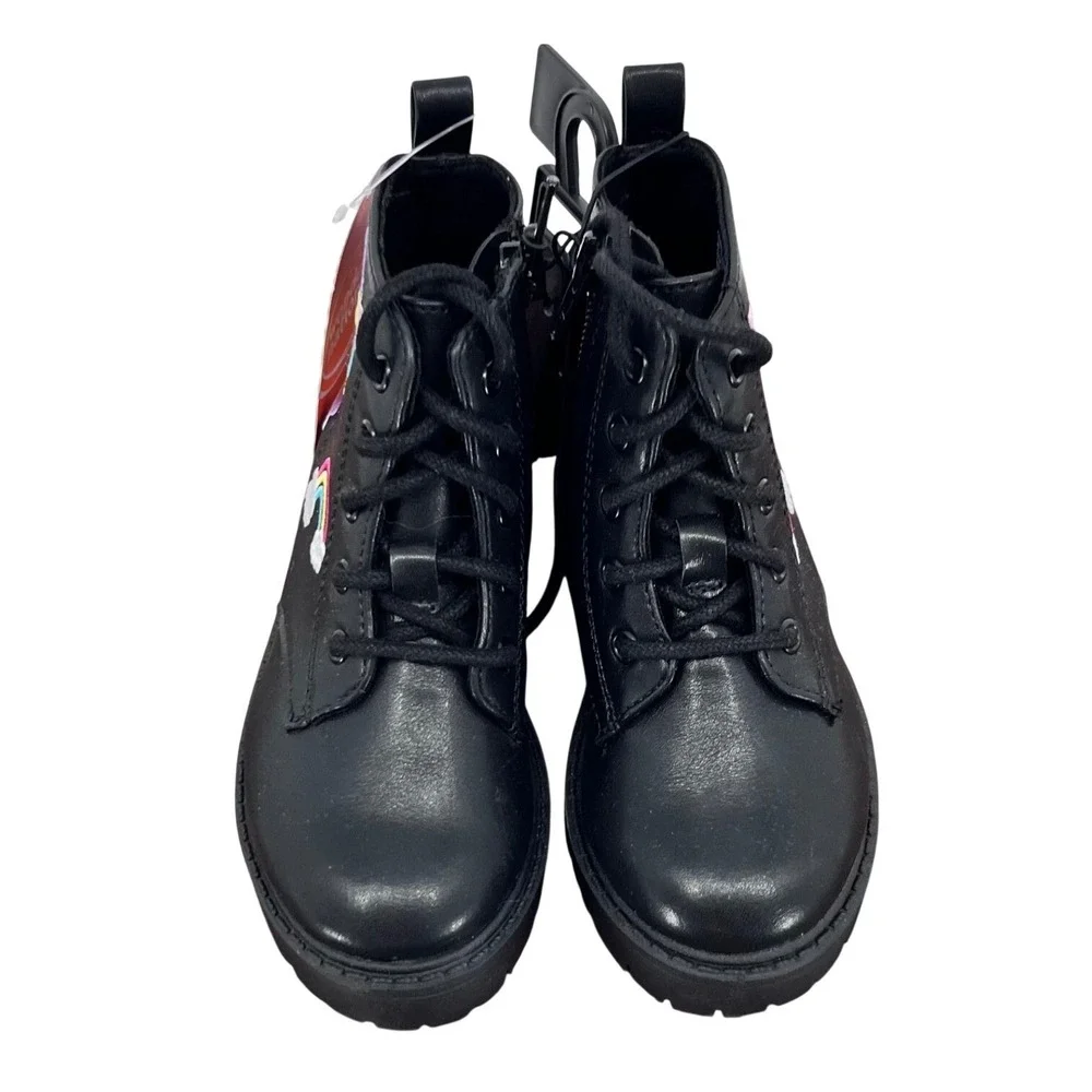 Wonder Nation Combat‎ Boots Girls Size 7 Black Rainbow Butterfly Patches Kidcore